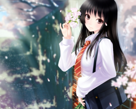 Maiden - pretty, anime, female, blossom, maiden, bag, long hair, nice, anime girl, beautiful, girl, beauty, lovely, sweet, flower, petals, shirt, lady, black hair, floral