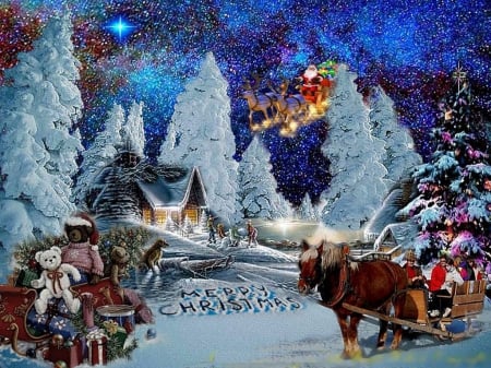 Merry Christmas - sleigh, trees, winter, gifts, artwork, snow, night, horse, bears, santa, reindeer, cottage