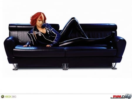 joanna dark_on a black leather sofa_fhm poster - black leather, fhm, sofa, video games, perfect dark zero, joanna dark