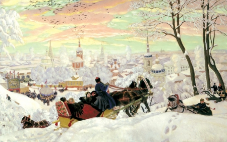 Winter walk - winter, russian, white, painting, art, moscow, horse, sleigh, kustodiev