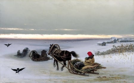 Winter - sleigh, white, winter, painting, snow, georgian, art, horse