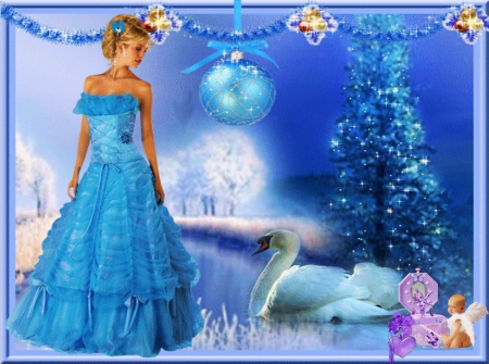 Special Christmas - swan, child, tree, artwork, ice, woman, snow, angel