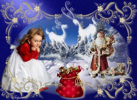 Waiting for Christmas - santa, gifts, artwork, snow, snowdeer, child