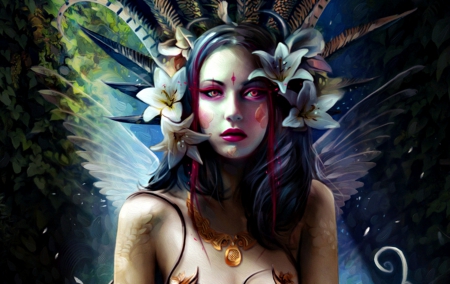 Norn of destiny - woman, girl, norn of destiny, wings, fantasy, art, bruno wagner, lily, pink, blue, fairy, flower