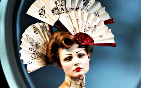 Magdalena Frackowiak - red, make-up, fan, model, girl, blue, white, hat, geisha, magdalena frackowiak, woman, fashion