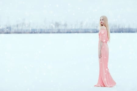 * - woman, pink, snow, blonde, dress