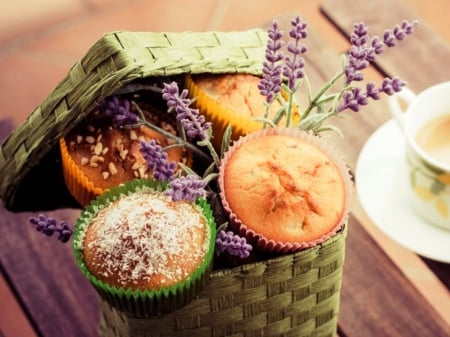 Ready for tea - drink, tea, basket, still life, other, muffins, cup, cake, abstract, tasty