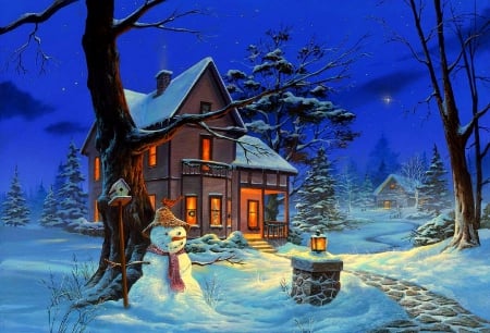 â˜…Winter's Nightâ˜… - snowman, xmas and new year, houses, winter, christmas, love four seasons, holidays, lantern, winter holidays, snow, paintings