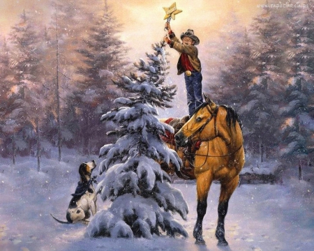 Placing Of The Christmas Star - star, tree, christmas, snow