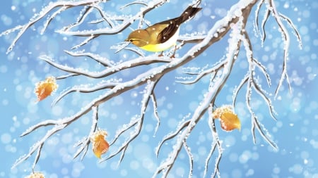 Winter Titmouse - autumn, branch, winter, bird, limbs, fall, snow, leaves, tree, titmouse, snowing