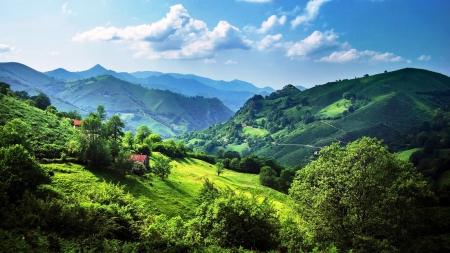 Hills Of Home - clouds, house, roads, trees, beautiful, shrubs, grass, green, mountains, sky