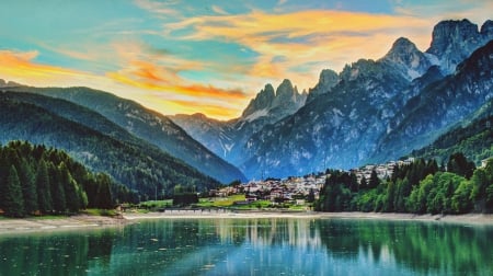 Sunrise At Lake Santa Caterina - clouds, town, beautiful, sunrise, forest, reflection, mountain, Italy, lake, sky