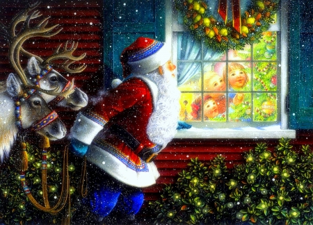 ★Santa at the Window★ - pretty, creative pre-made, window, children, holidays, santa claus, Christmas, winter holidays, winter, paintings, colors, lovely, xmas and new year, wreath, christmas tree, cute, white trees, love four seasons, reindeer