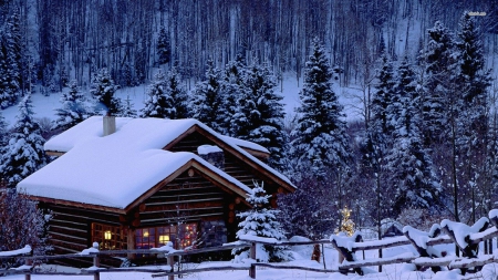 christmas in a hut - christmas, snow, hut, tree