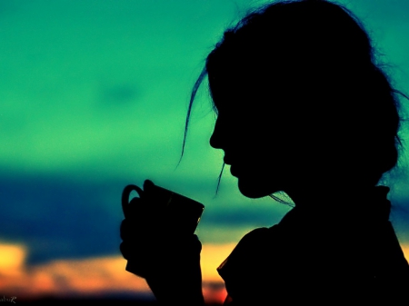 :) - silhouette, coffee, lady, sunset