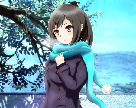 Winter - beauty, nice, female, anime girl, brown hair, pretty, anime, cute, scene, adorable, girl, winter, long hair, scarf, lovely, cg, hd, kawaii, snow, beautiful, scenery, sweet