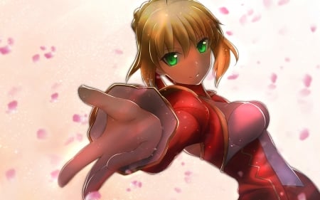 red saber - saber, green, blonde, red