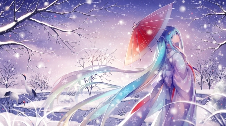 Snow - nice, beauty, female, anime girl, miku hatsune, white, pretty, umbrella, anime, miku, kimono, scene, branches, hatsune miku, autiful, girl, winter, snowflakes, crane, lovely, bird, hatsune, vocaloids, yuki miku, flakes, vocaloid, snow, yuki, beautiful, miku yuki, yukata, sweet