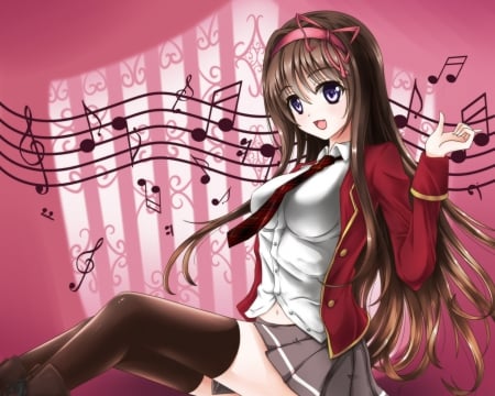 Music Notes - nice, beauty, female, hot, music, miniskirt, anime girl, brown hair, drress, pretty, anime, blouse, sexy, skirt, girl, shirt, long hair, notes, lovely, jacket, cg, hd, red, beautiful, sweet