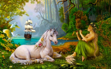 Music for a Unicorn - scenery, beautiful, girl, elf, fantasy, nature, digital, woman, fairy, unicorn, art