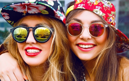 Girls - hat, mood, girl, happy, smile, red, green, woman, sunglasses