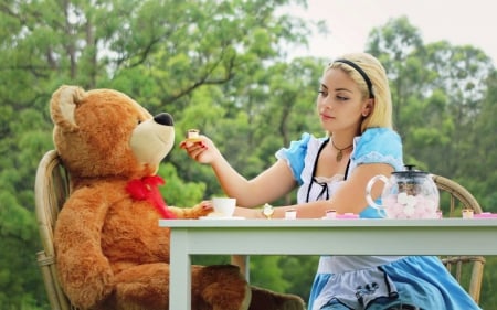 Alice - red, toy, teddy bear, table, blonde, alice, girl, blue