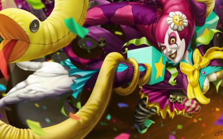 Zyra - rise of thornes, game, league of legends, yellow, girl, Zyra, pink, fantasy, clown, green