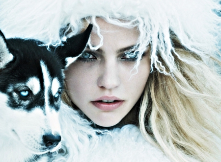 Sasha Pivovarova - husky, Sasha Pivovarova, winter, blue, girl, eyes, blonde, dog, black, white, woman, model