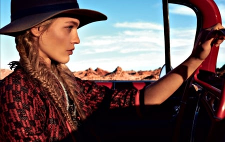 Sasha Pivovarova - red, model, blonde, girl, cowgirl, car, hat, sasha pivovarova, woman