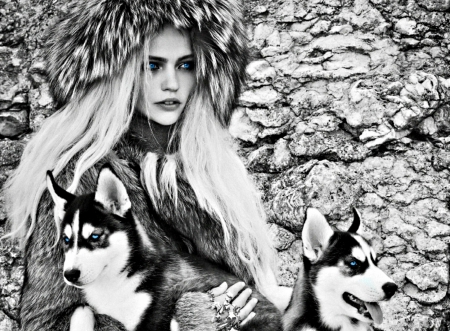 Sasha Pivovarova - woman, hat, girl, winter, black, model, sasha pivovarova, white, dog, husky, animal