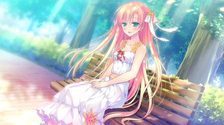 Blushing - nice, beauty, female, sundress, lon hair, bench, anime girl, pretty, anime, cute, scene, maiden, lady, girl, adorable, blushing, pink hair, park, lovely, green eyes, kawaii, beautiful, blush, sweet, dress