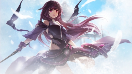 Absolute sword - yuuki konno, nice, female, smiling, anime girl, sao, wind, windy, pretty, cloud, yuuki, anime, sword art online, cute, scene, adorable, girl, long hair, purple hair, konno yuuki, lovely, cg, hd, kawaii, sweet, konno, smile, alo, happy