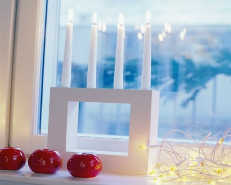 Candles - candles, apple, window, snow