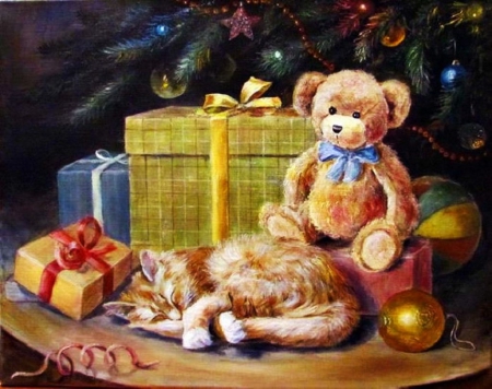 Teddybear and Friend - christmas, gifts, artwork, xmas, cat