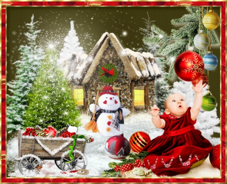 Wow - Christmas ! - house, trees, snowman, decoration, cart, artwork, balls, snow, child