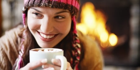 Cozy Smile - warm, coffee, girl, cozy, fire place, smiling, happy