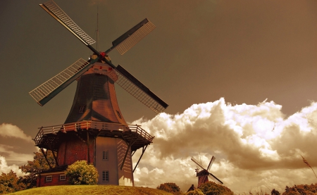 Windmill - beautiful, field, windmill, clouds