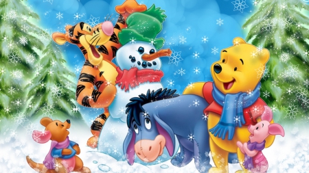 Winnie and Friends Christmas - rabbit, trees, snowman, winter, Winnie the Poo, snow, Piglet, Christmas, Tigger, Eeyore