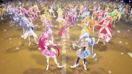 Dancing Floor - pretty, anime, kawaii, female, myoudouin itsuki, scene, team, dress, light, long hair, group, dancing, nice, gown, anime girl, girl, itsuki, lovely, sweet, pretty cure, glow, glowing, precure, itsuki myoudouin, magical girl, cute, myoudouin, dance