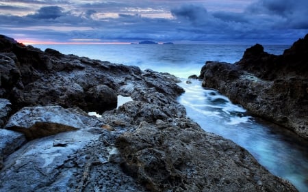 rocky shore - rock, ocean, shore, cloud