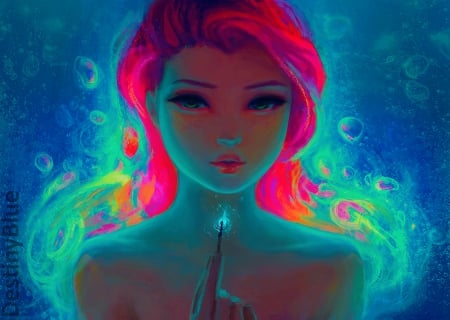 Fire Underwater - art, abstract, girl, blue