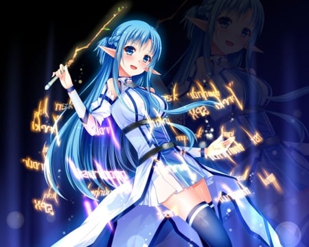 Asuna - pretty, anime, magic, female, warrior, blue, alo, magical, long hair, happy, yuuki, blue hair, sword art online, sao, nice, smiling, anime girl, asuna, beautiful, girl, yuuki asuna, beauty, lovely, sweet, knight, elf, glow, black, fantasy, smile, asuna yuuki