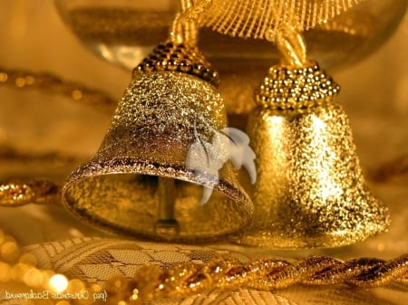 Gold christmas bells - bells, decoration, lights, gold