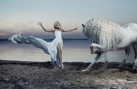 ♥ - mane, dress, girl, lake, bow, horse