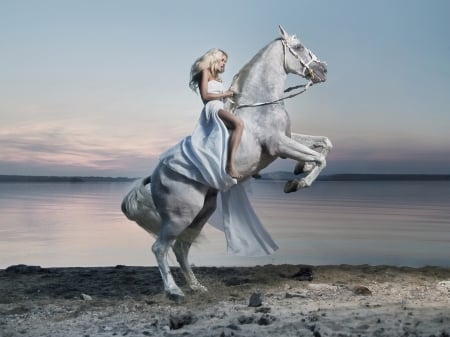 â™¥ - woman, women, fun, girls, models, beach, cowgirl, sunset, model, western, white, horses, rider, style, lake, vara, girl, summer, horse, blue, sea, dress, blonde