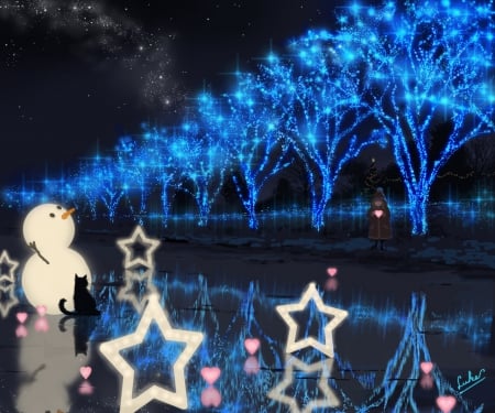 Christmas Trees Lights - trees, kids, snowman, water, night, stars, cat, sky