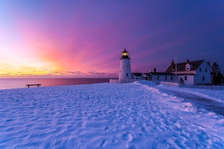 Lighthouse - sky, beach, snow, clouds, house, sunset