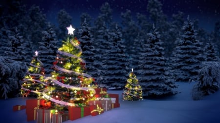 Christmas Eve - bows, sky, stars, trees, night, christmas, presents, snow, ribbon, gifts, ornaments, lights