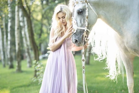 â™¥ - woman, beauty, girl, summer, model, white, horse, beautiful, green, blonde, dress