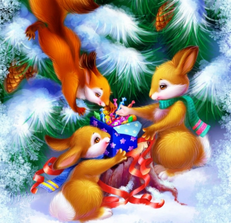 Winter squirrels - squirells, winter, gifts, cute, snow, tree